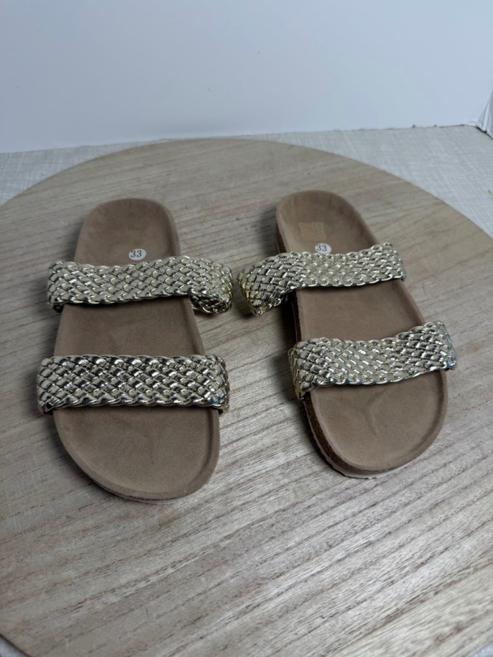 Girl’s Gold Metallic Braided Slide Sandals Size 33 Cork Footbed NWOT